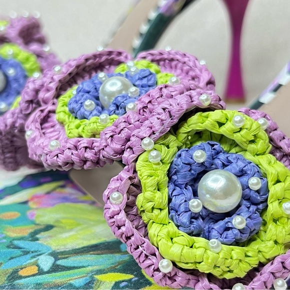 Betsey Johnson Ainsleyy Macrame Flower Sandal Heels-Womens 9-Pink/Green/Blue/Blk - Picture 8 of 14